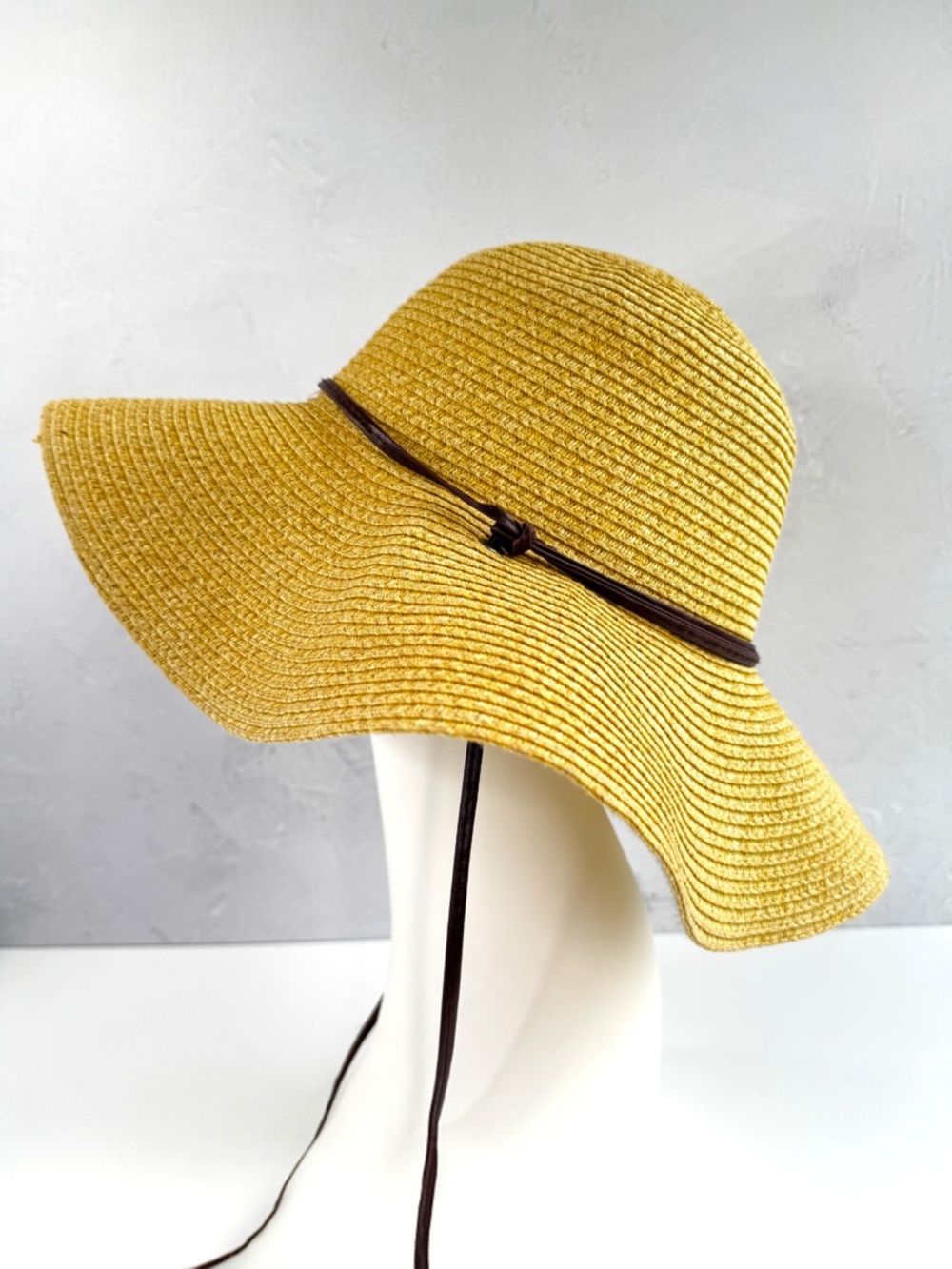 Wide Brim Straw Floppy Sun Hat Natural Brown Chin Strap One Size